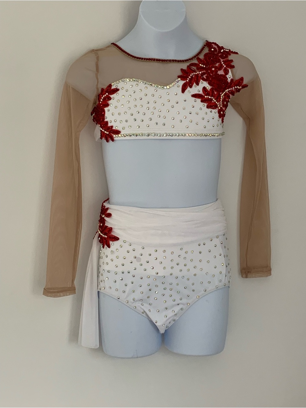 Child's Rhinestone Dance Costume White & Red Lyrical Contemporary Outfit, Size 8